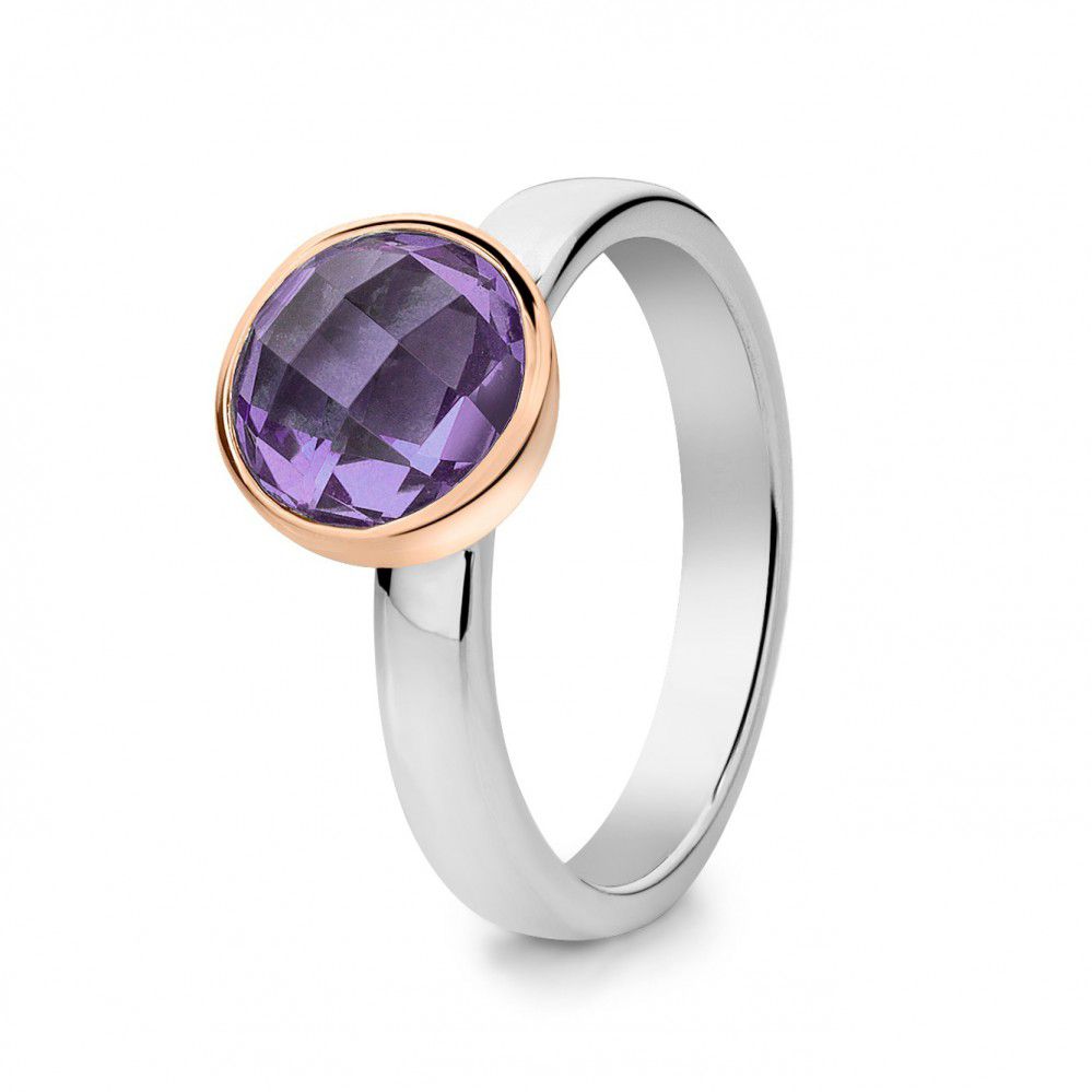Dahlia - Paarse amethist
‘Voor altijd de jouwe’ is de liefdevolle boodschap van deze ring. De uitbundige een beeldschone dahlia maakt dan ook een enorme indruk en staat zodoende symbool voorschoonheid en weelde.

Gerhodineerde, zilveren damesring met 14 karaat roségouden zetting (geen oplaag). De ring heeft een gefacetteerdepaarse amethistals middensteen.Deze ring is perfect te combineren met onze andere Fiorella ringen.
