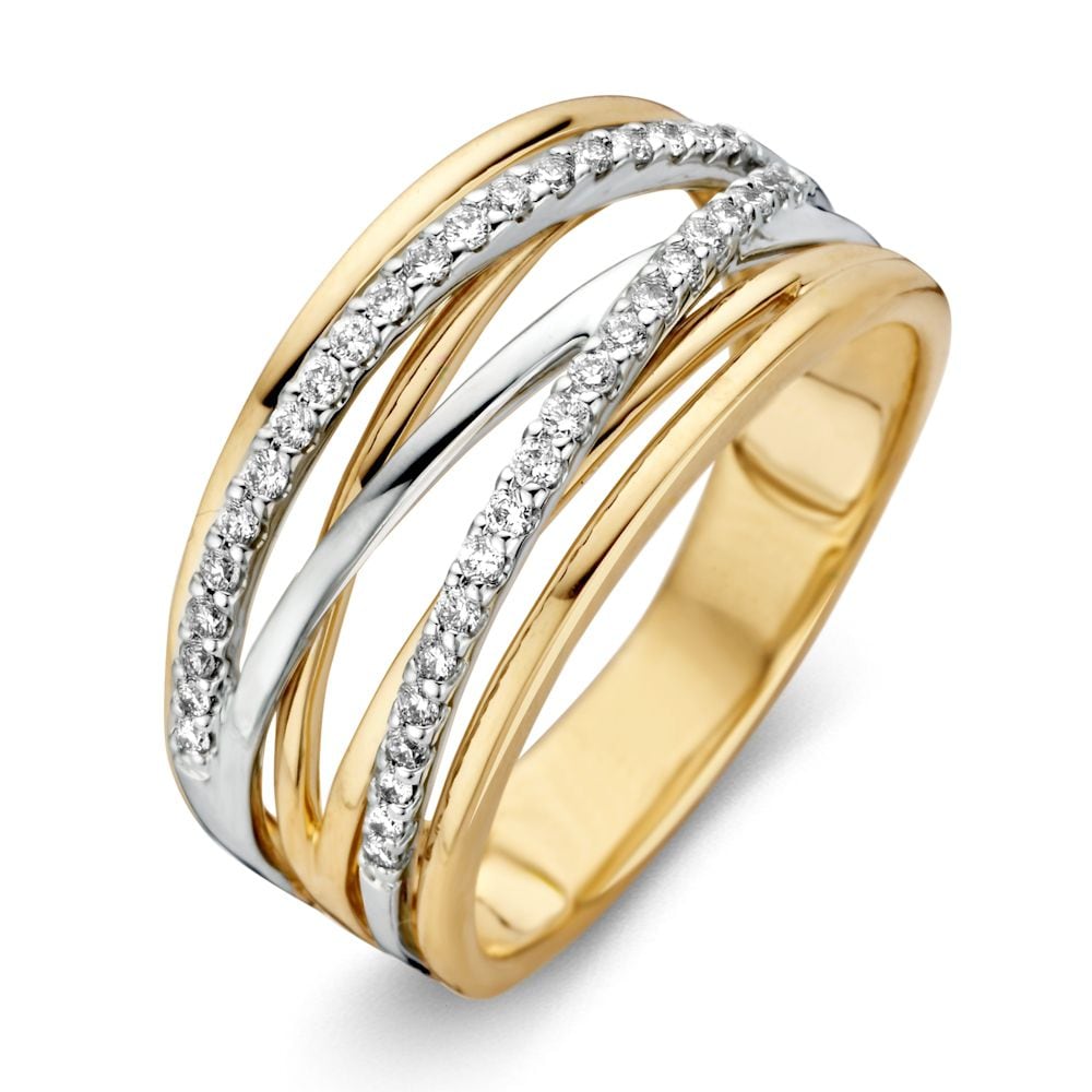 Bicolor gouden crossover ring met diamant.
