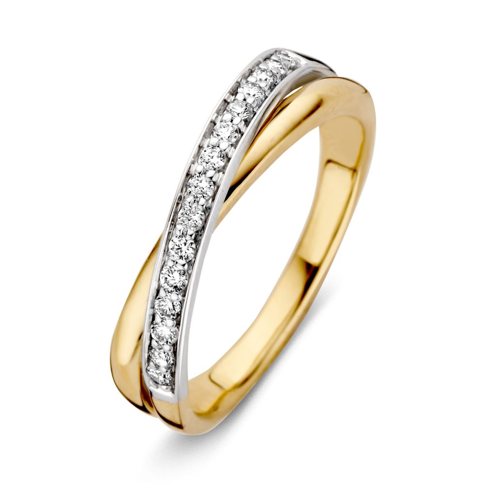 Bicolor wit- en geelgouden ring met diamant, crossover model.
