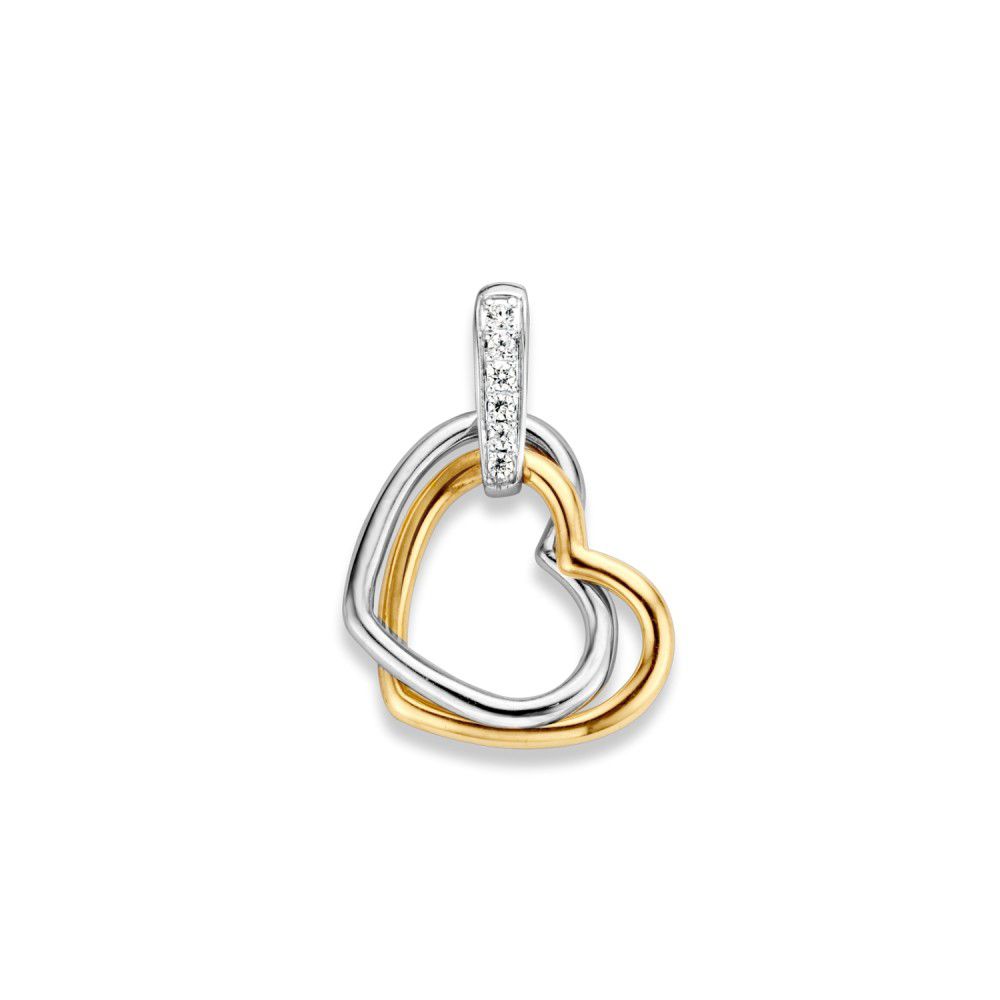Bicolor gouden hanger in hartvorm, gezet met zirkonia.
