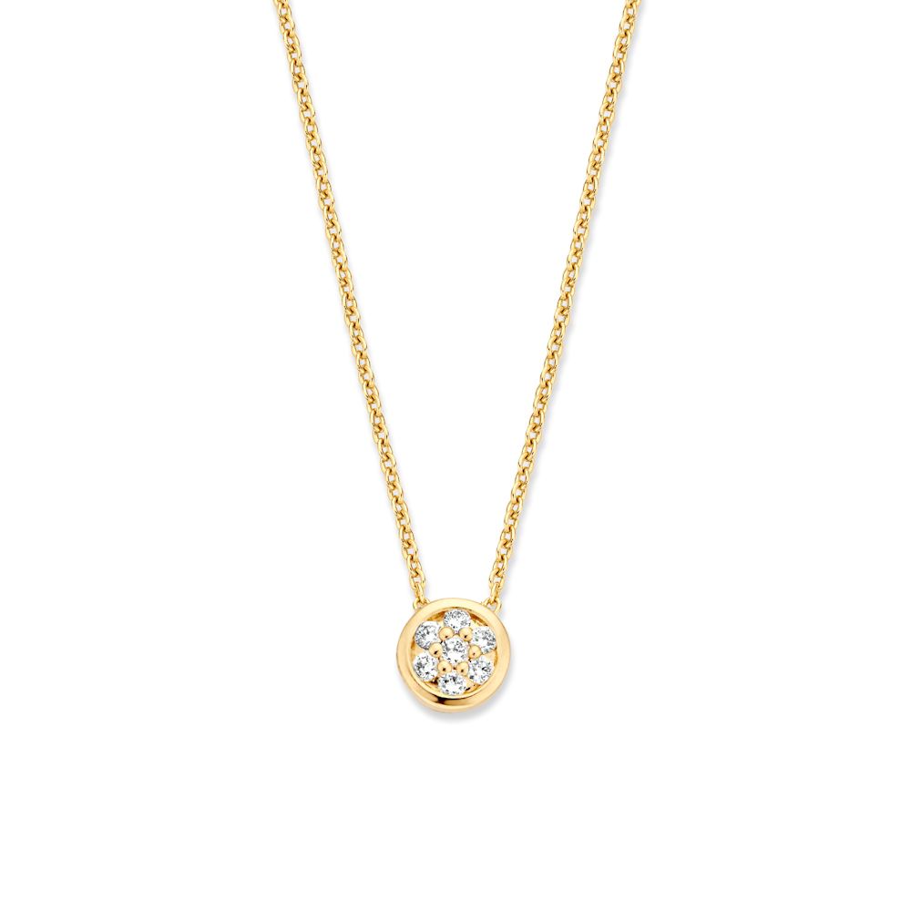 Geelgouden collier met hanger vol diamant gezet in pavézetting.
