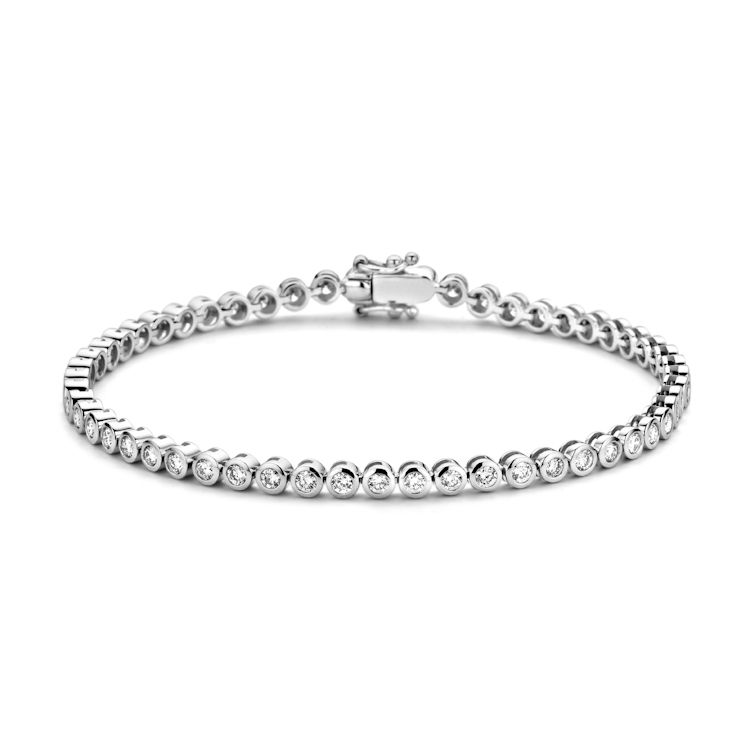 Witgouden tennisarmband met briljant in ronde zetkast, 55 briljanten, 2.00 crt. totaal.

