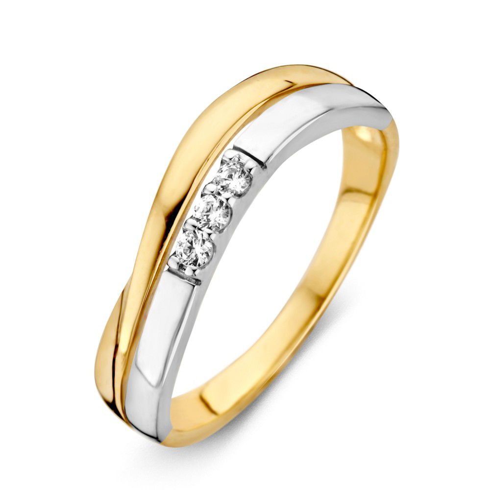 Bicolor wit- en geelgouden damesring met zirkonia's.
