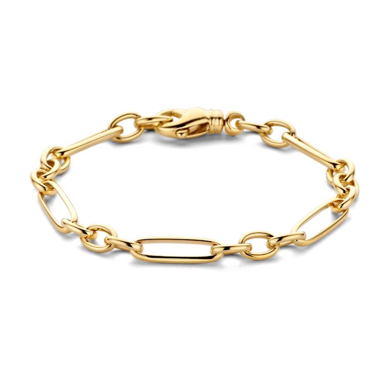 Geelgouden schakelarmband met wisselende schakel en luxe karabijnsluiting.
