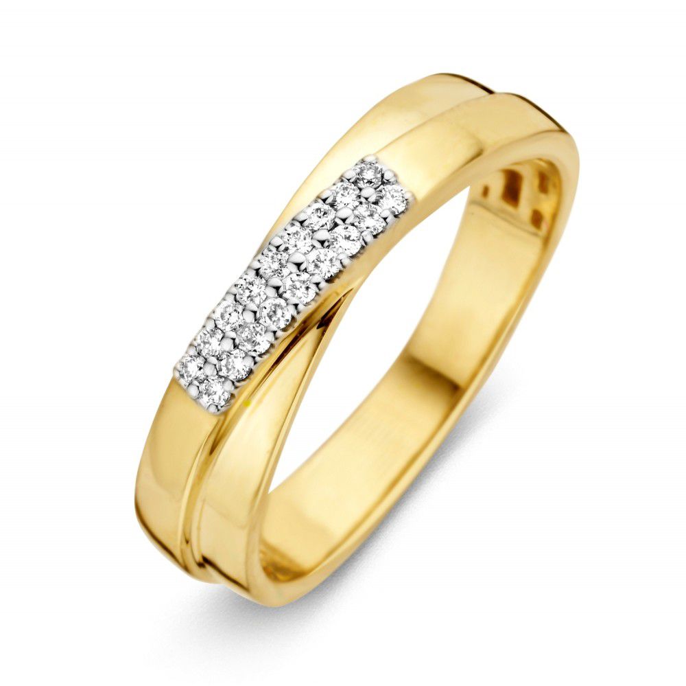 Geelgouden crossover ring met diamant in witgouden zetting.
