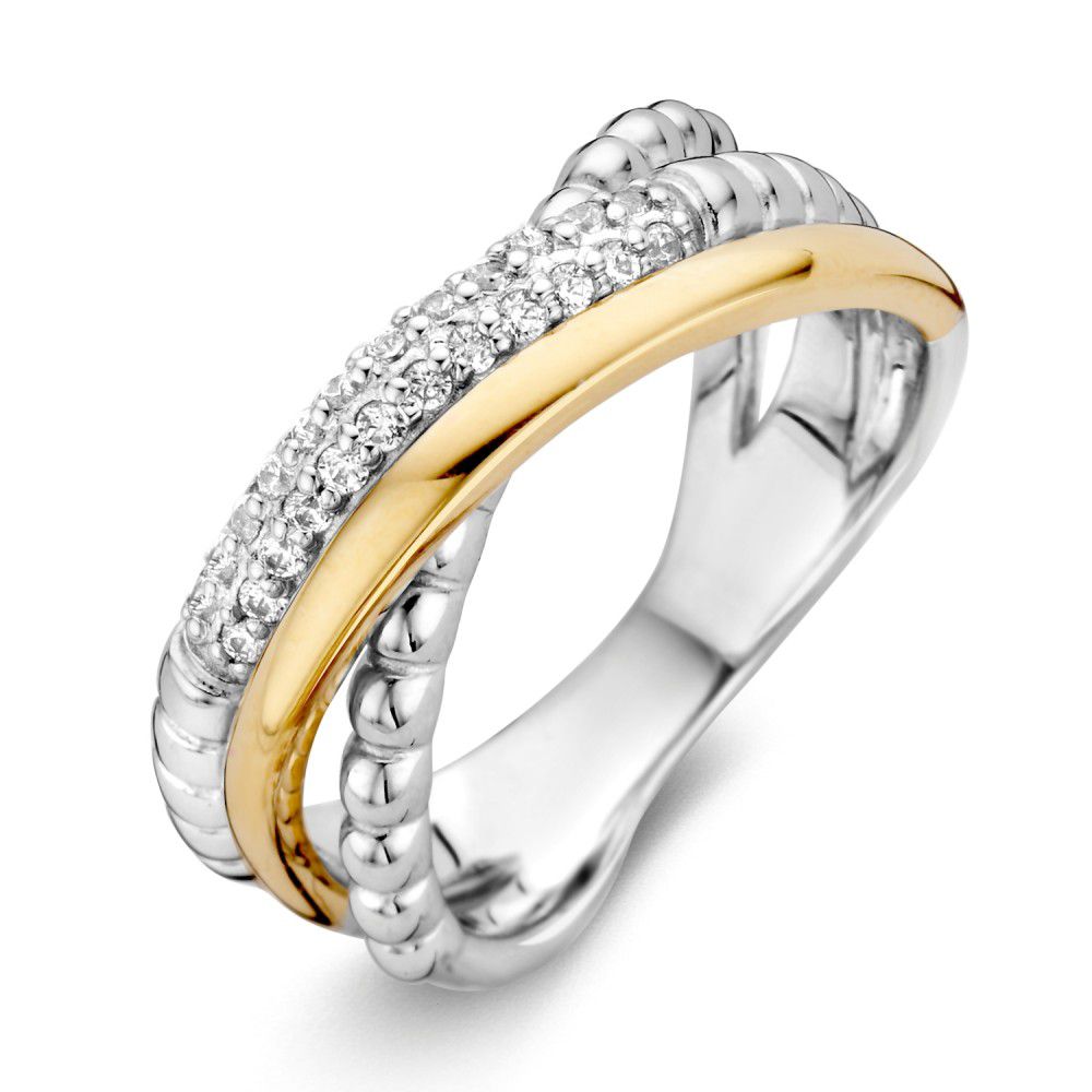 Gerhodineerde, zilveren ring met 14 karaat goud (geen oplaag) en zirkonia's.

De ring is maat 19,25 (60), heeft u interesse in een andere maat? Neem dan contact met ons op.