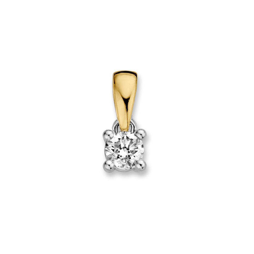 Bicolor gouden solitair hanger met 0,20crt. briljant in vierpootszetting.
