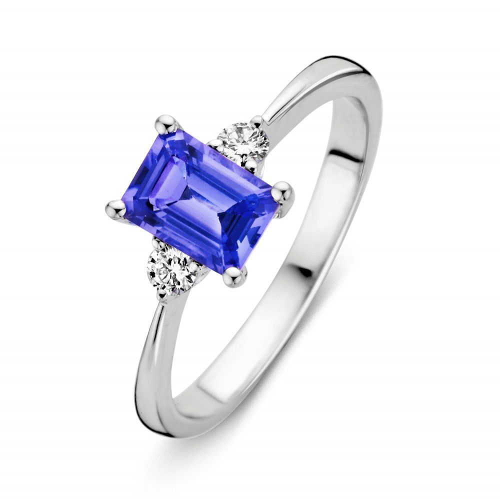 Witgouden ring met tanzaniet en diamant.

