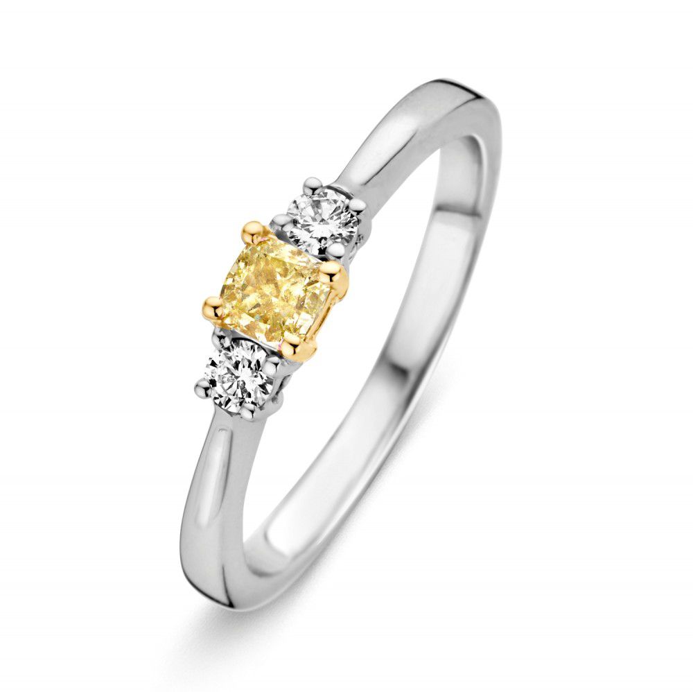Witgouden damesring met briljant en hoge kwaliteit gele diamant.
