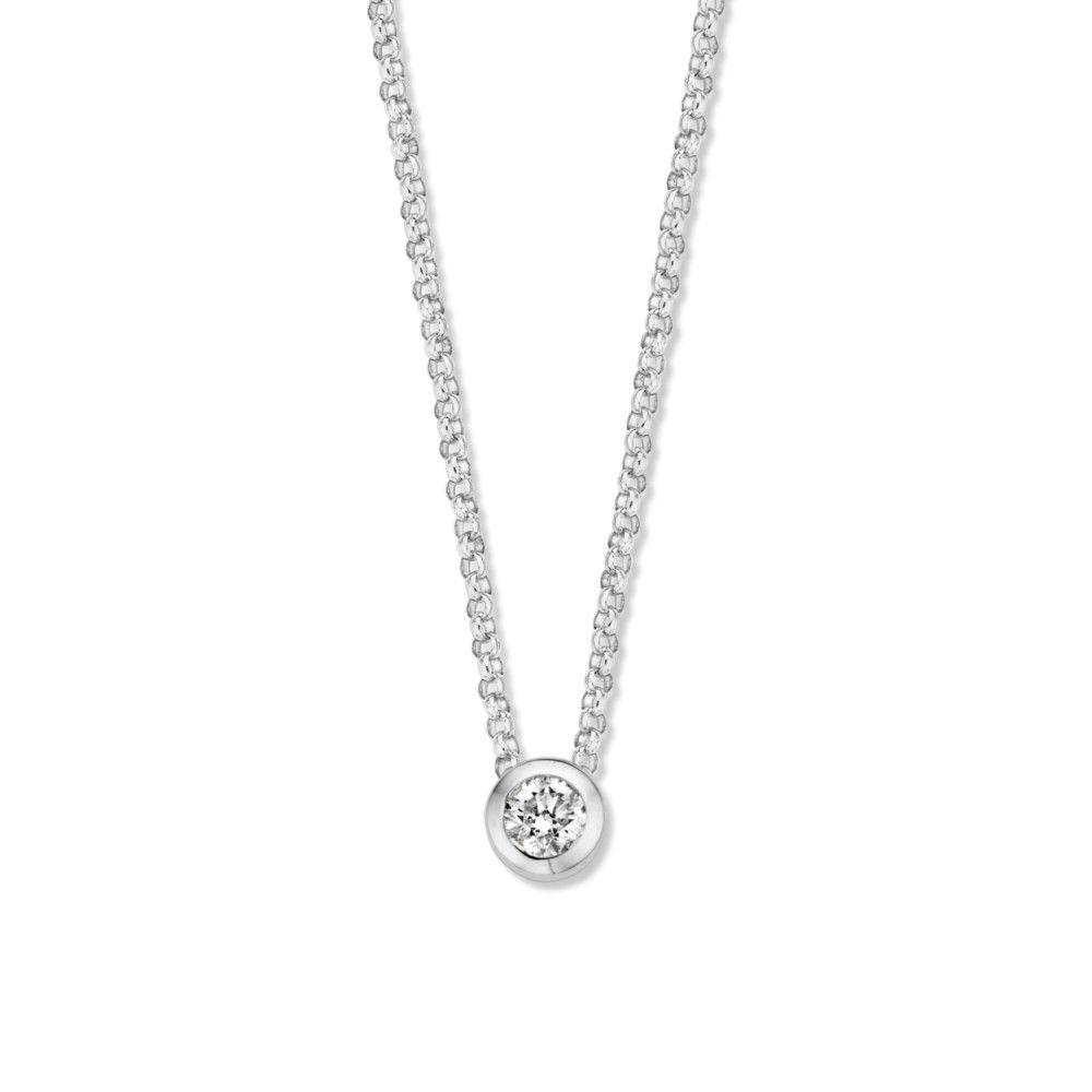 Witgouden collier met solitair hanger in ronde zetkast.

