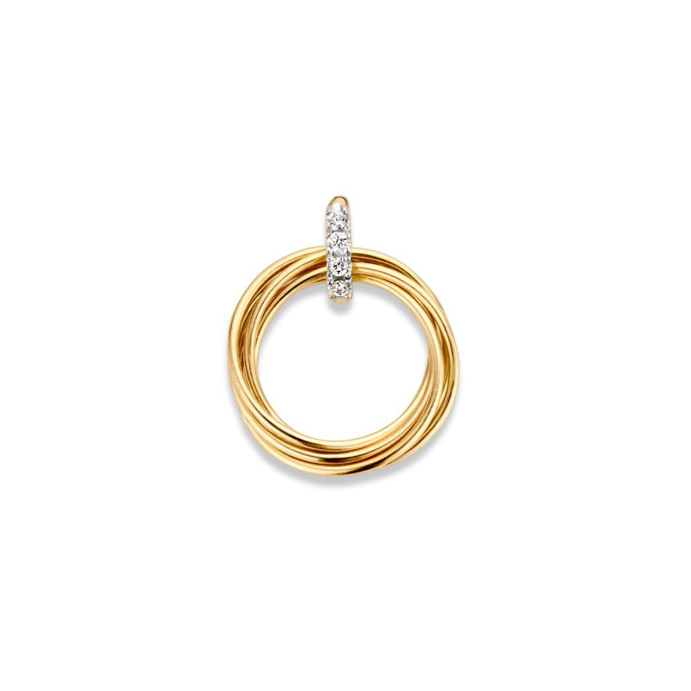 Bicolor gouden hanger, opgebouwd uit meerdere rondjes die los van elkaar bewegen.
