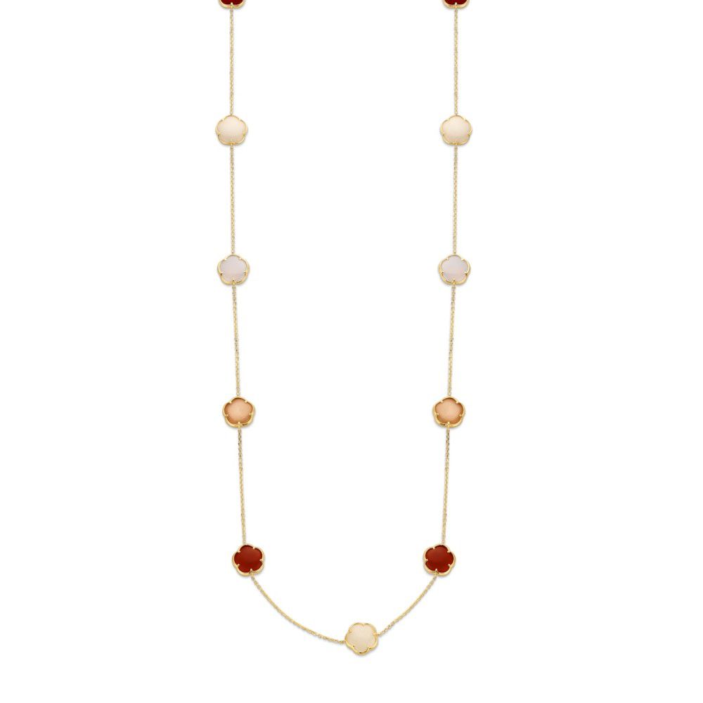 Geelgouden colier met ankerschakel en cabochon geslepenedelstenen in bloemvorm (carneeol, maansteen, chalcedoon en kwarts).
