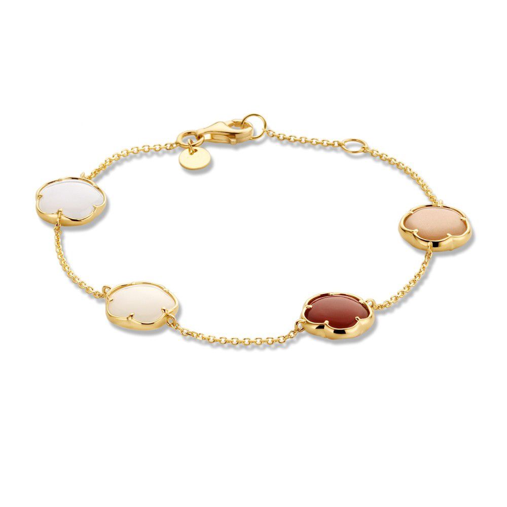 Geelgouden armband met ankerschakel en cabochon geslepenedelstenen (carneeol, maansteen, calcedoon en kwarts).
