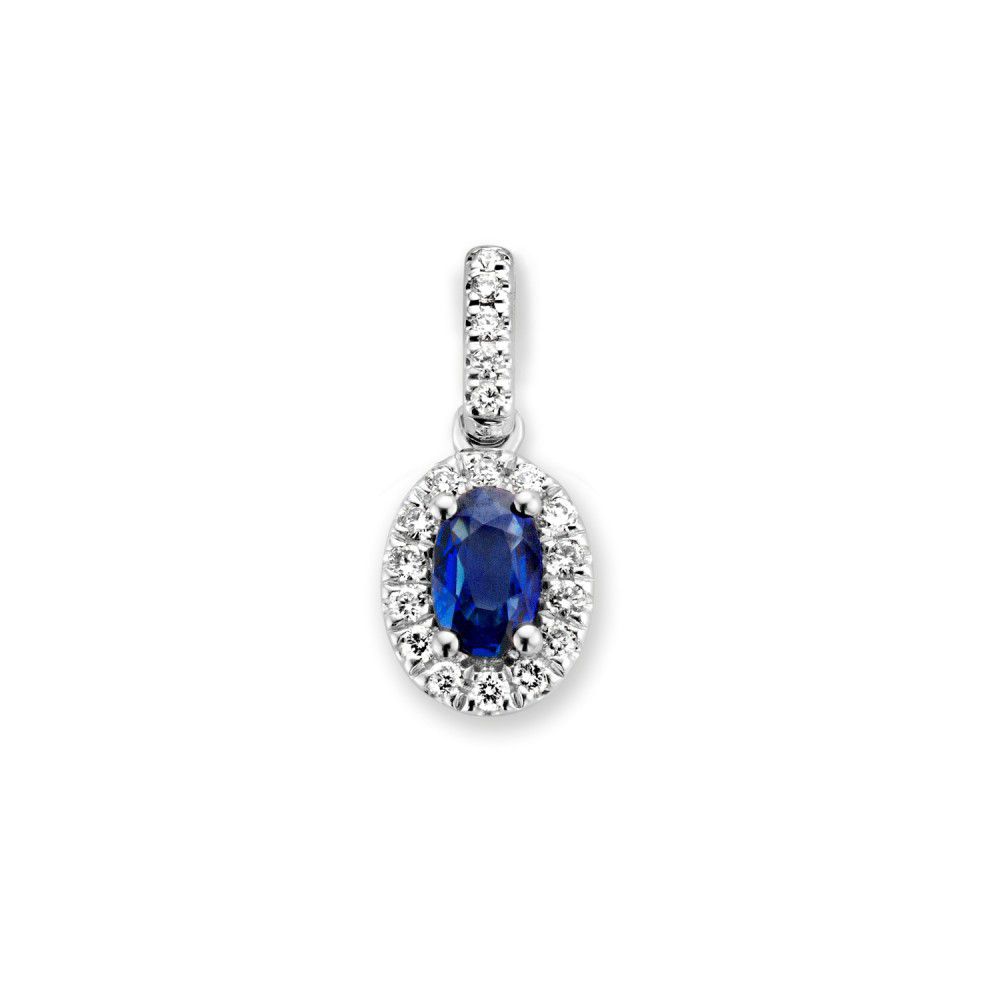 Klassieke entourage hanger met blauwe saffier in briljant, gezet in witgoud.
