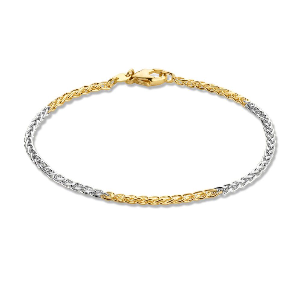 Bicolor wit- en geelgouden schakelarmband.
