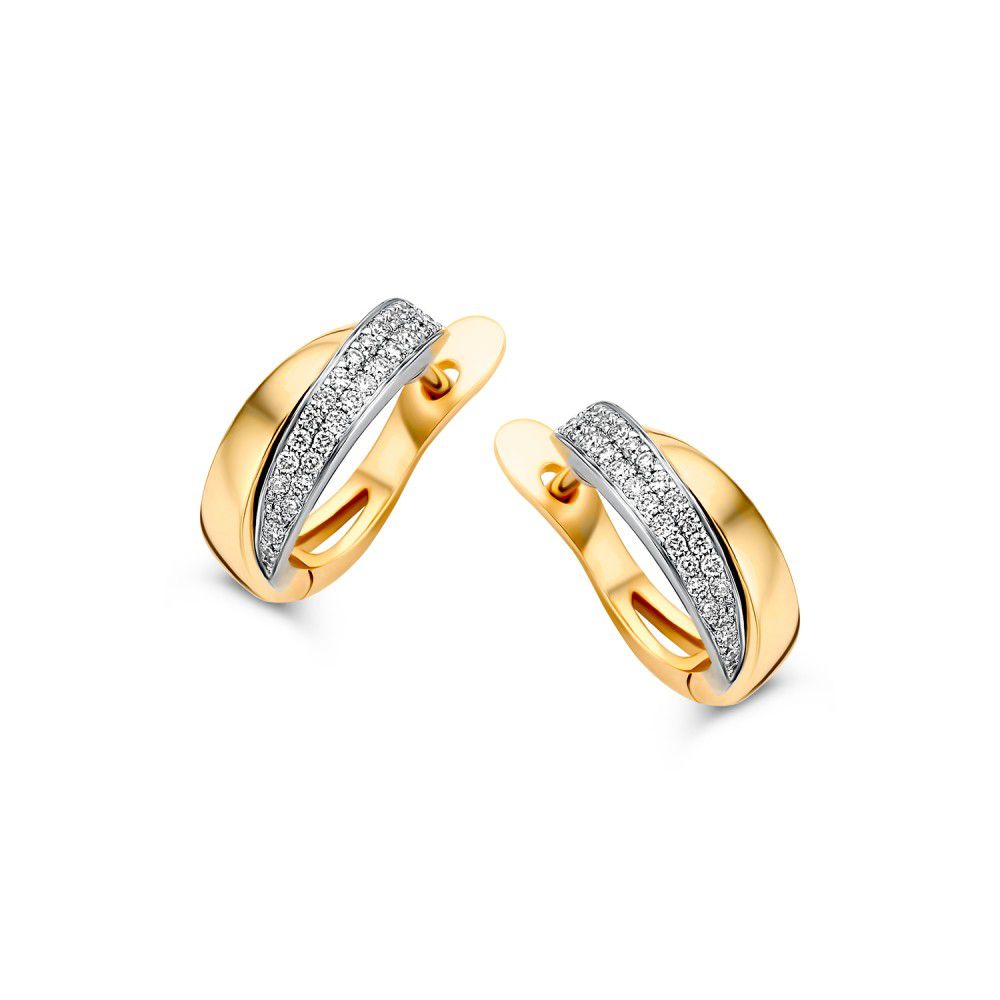 Bicolor gouden oorringen met diamant in pavézetting.
