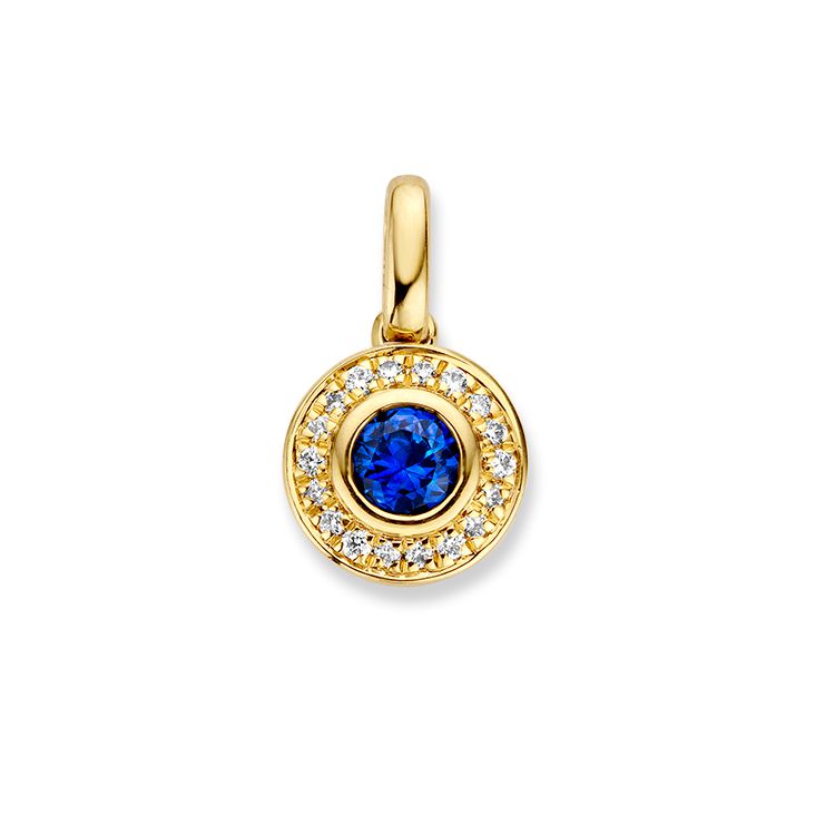Geelgouden entourage hanger met saffier en diamant.
