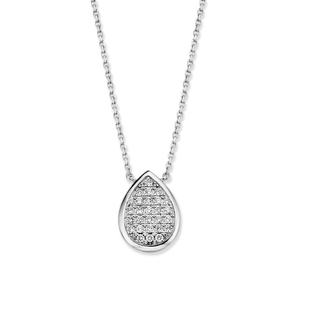 Witgouden schakelcollier (42-45cm) met druppelvormig diamanten tussenstukje van 0,20 crt in strakke pavézetting. Dit collier is onderdeel van een set.
