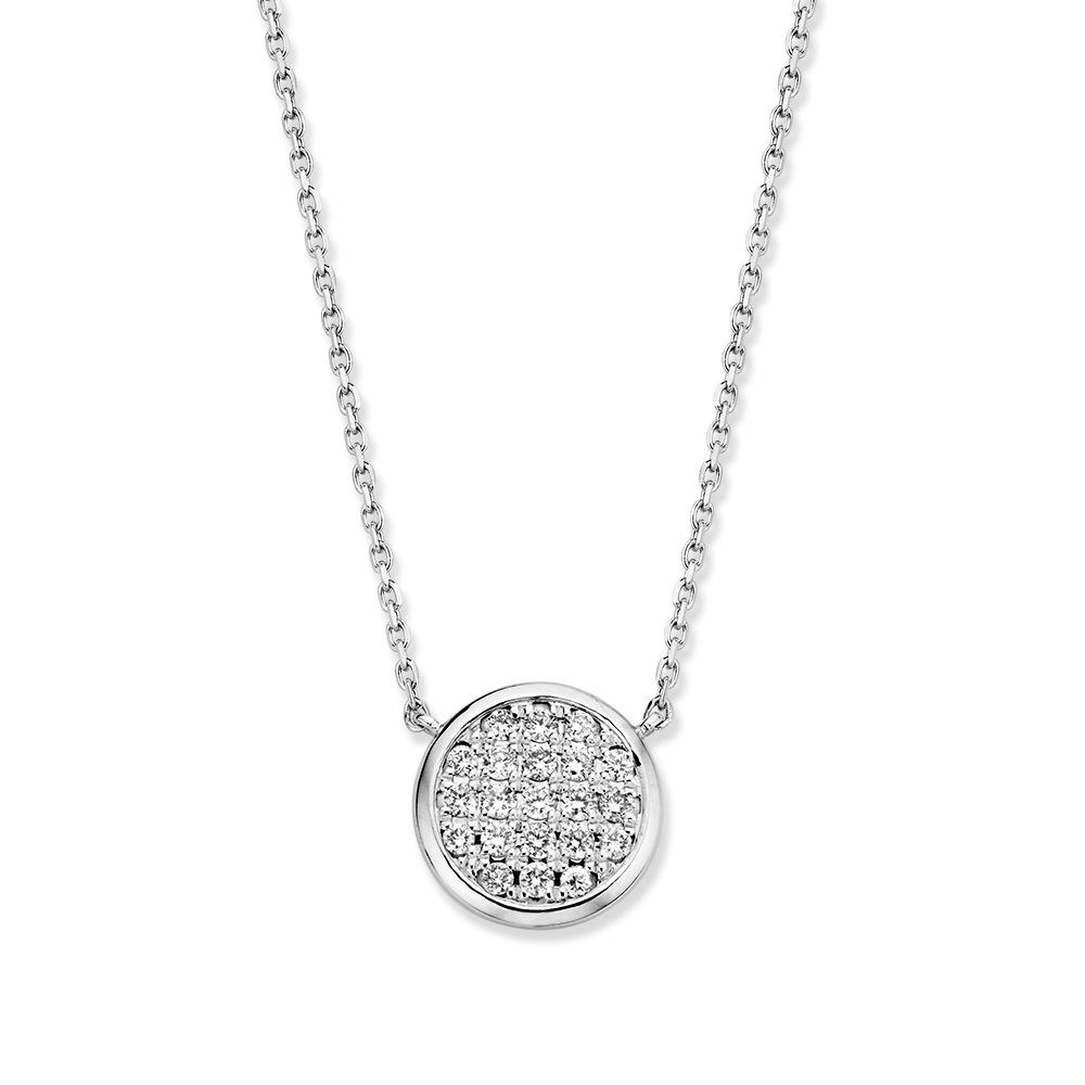 Witgouden schakelcollier (42-45cm) met diamanten tussenstukje van 0,20 crt in strakke pavézetting.
