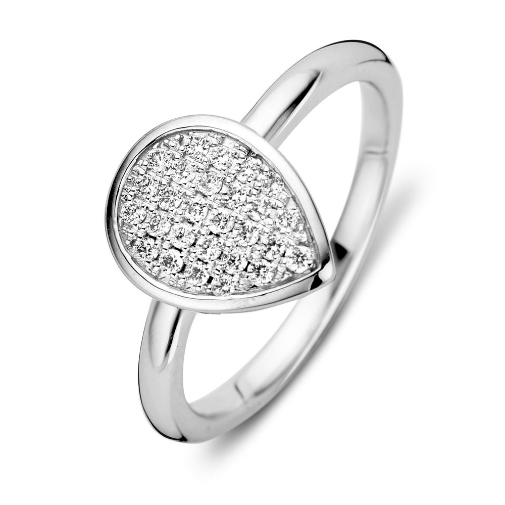 Gerhodineerd witgouden damesring met briljant (0,20 crt.) in prachtige, strakke pavézetting. Deze ring is onderdeel van een set.
