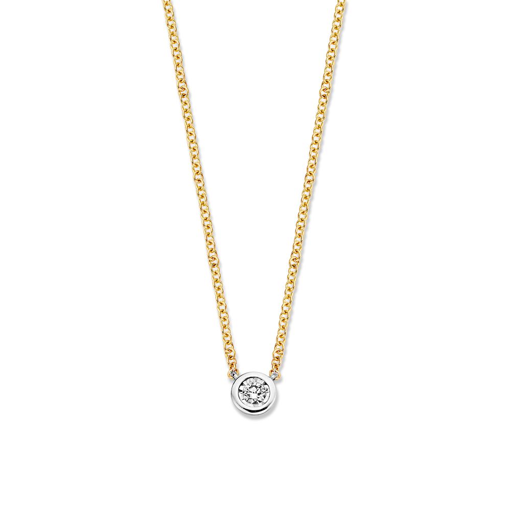 Geelgouden collier met solitair hanger in spiegelzetting.
