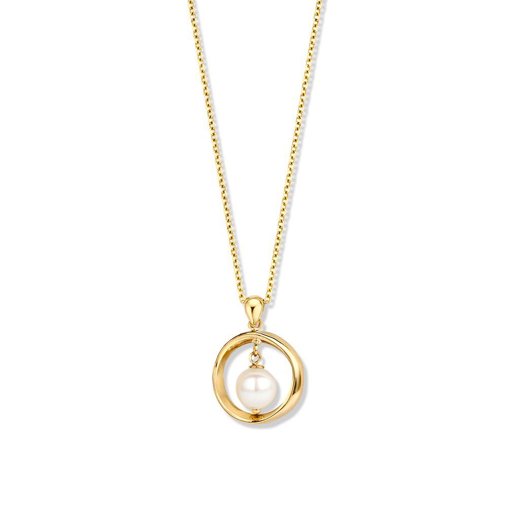 Geelgouden colier met een design hanger met zoetwater parel.

