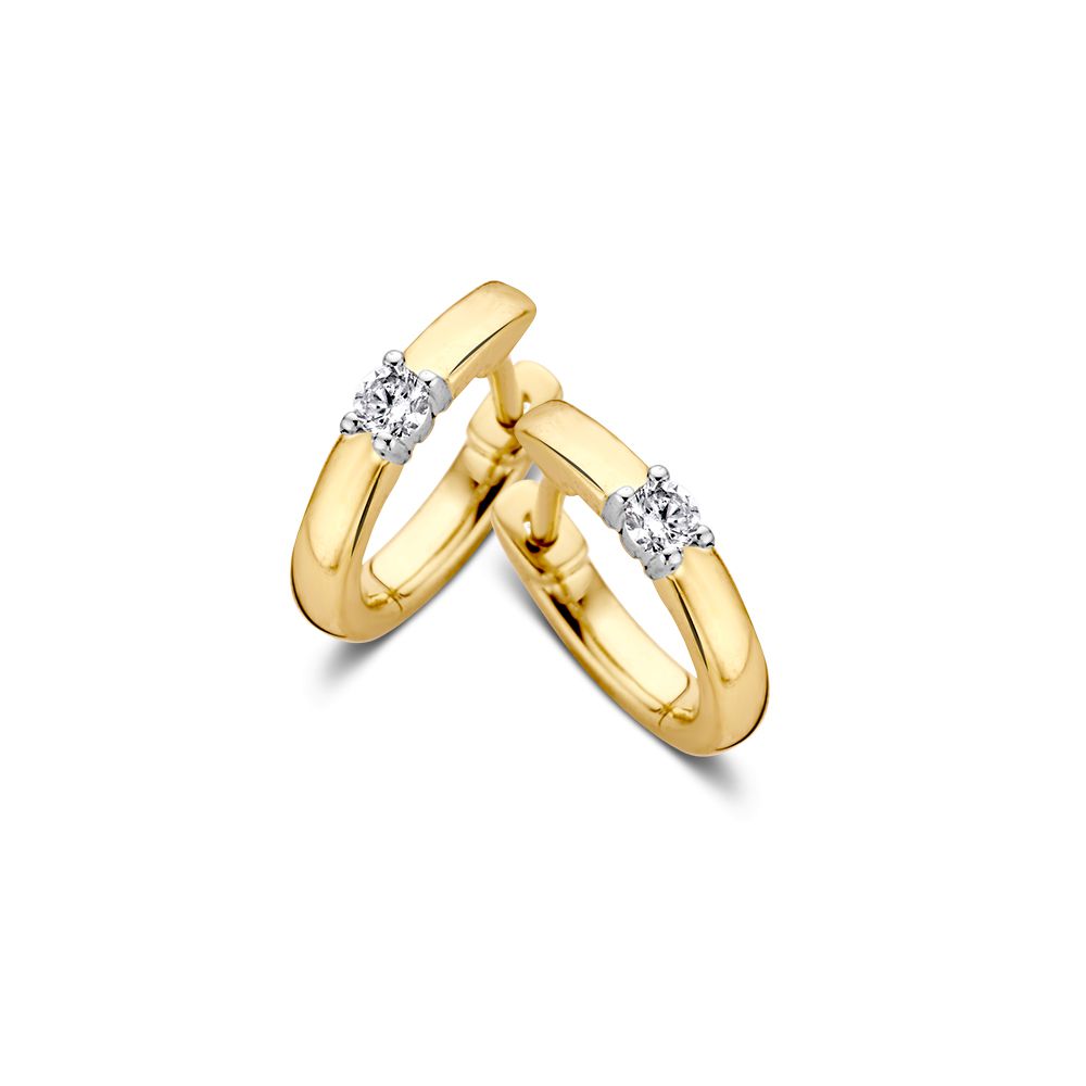 Bicolor gouden oorringen gezet met een diamant.
