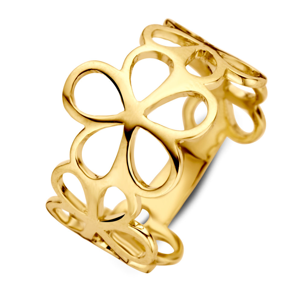 Geelgouden ring met opengewerkt bloemenpatroon.
