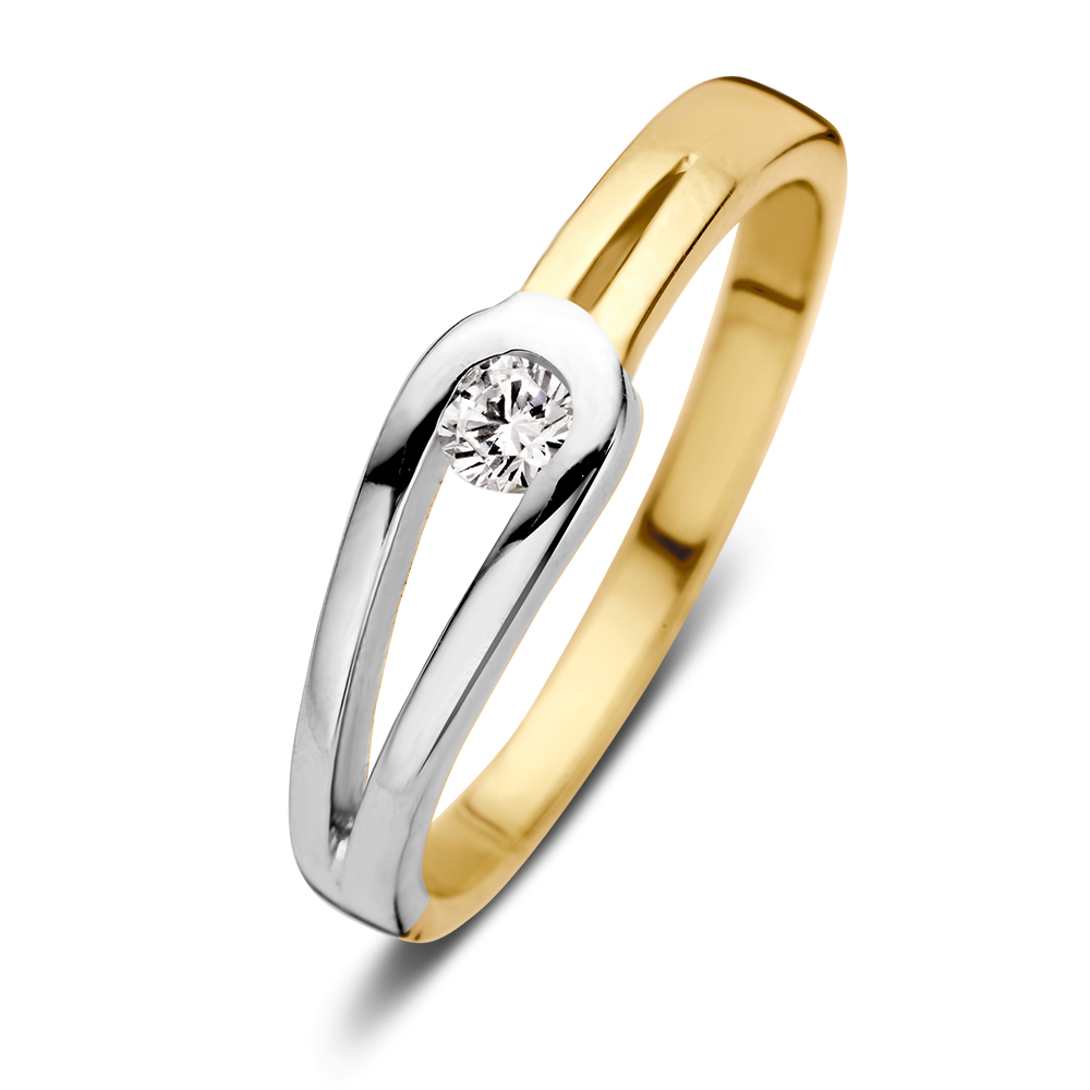 Bicolor wit- en geelgouden damesring met een zirkonia.
