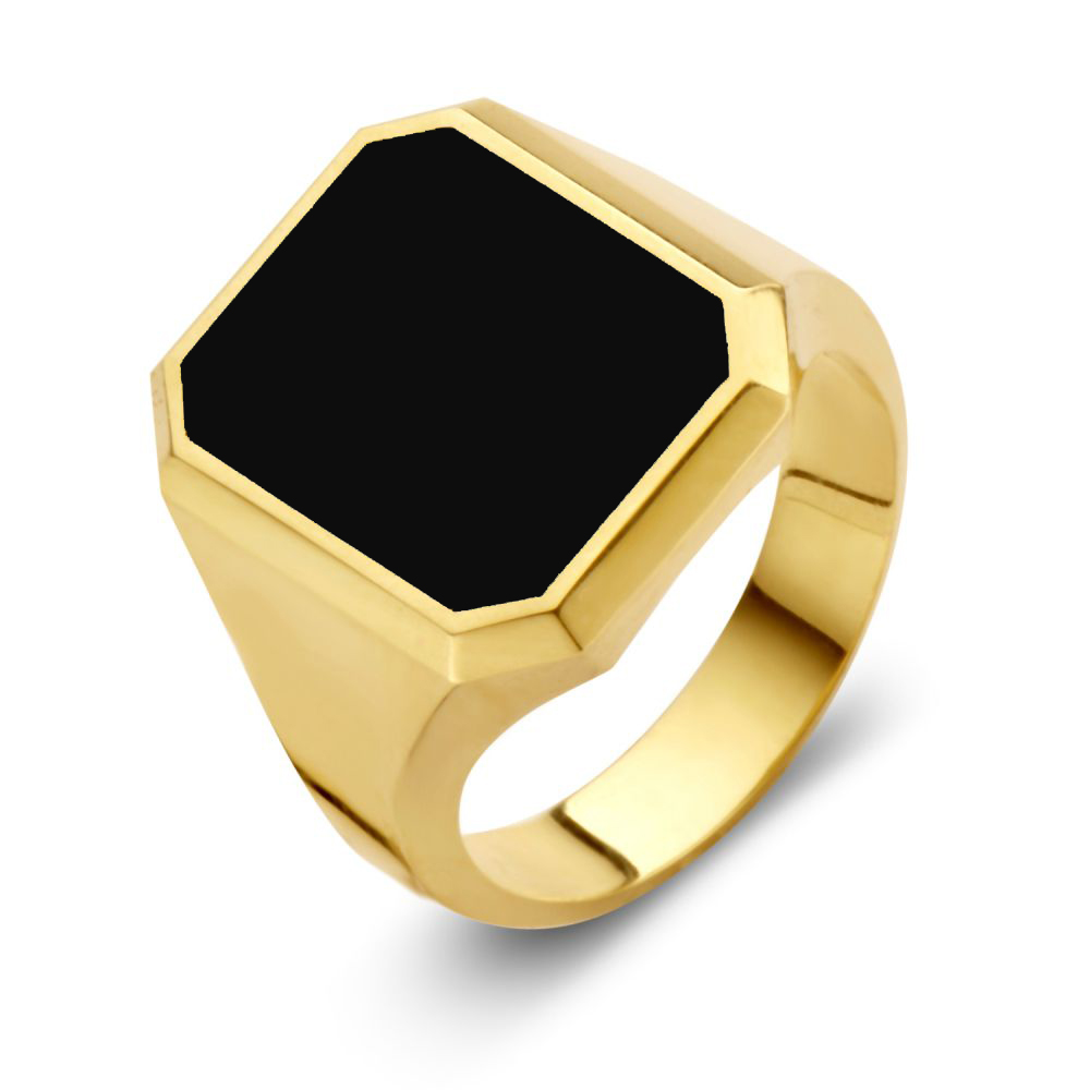 Massieve zegelring met hoeken (model achtkant) en een zwarte onyx steen.
