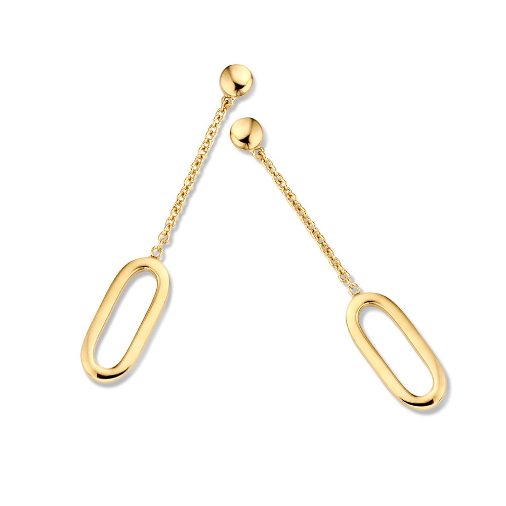 Geelgouden oorstekers met lange aanhangers met gouden elementje.
