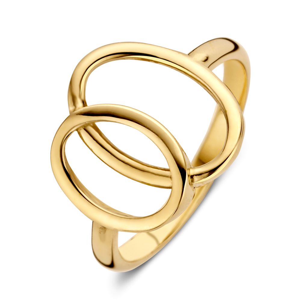 Geelgouden damesring met speels design.

