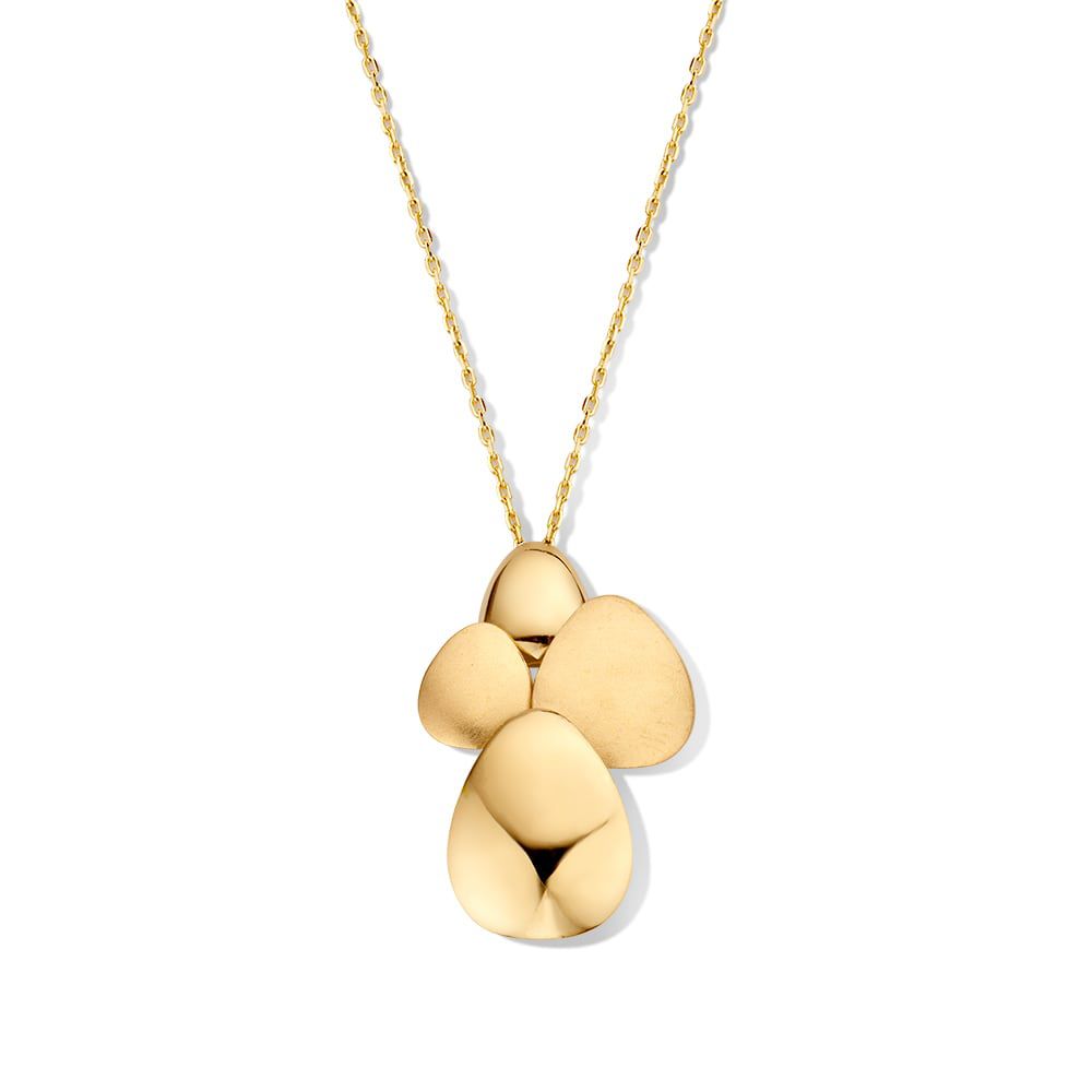 Geelgouden ankercollier met prachtige hanger met een opvallend design. De hanger bestaat uit vier elementen, waarvan twee gematteerd zijn.
