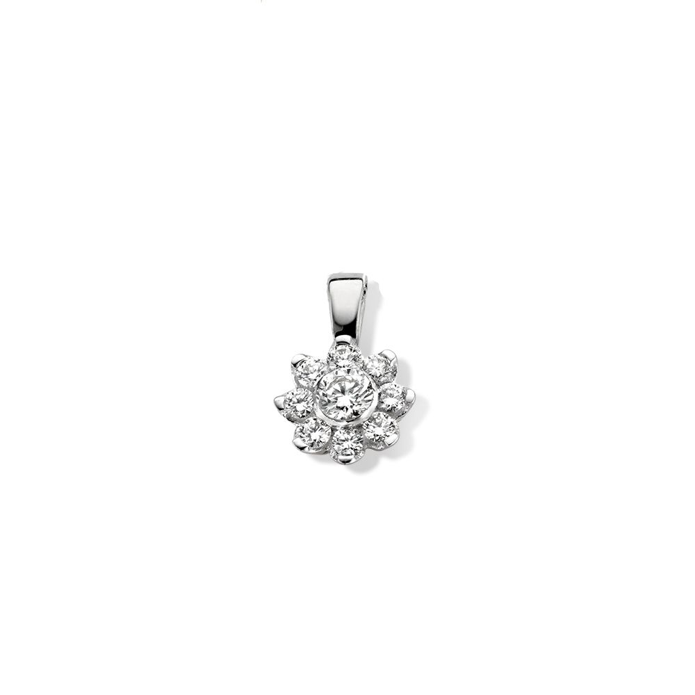 Witgouden entourage hanger met diamant.
