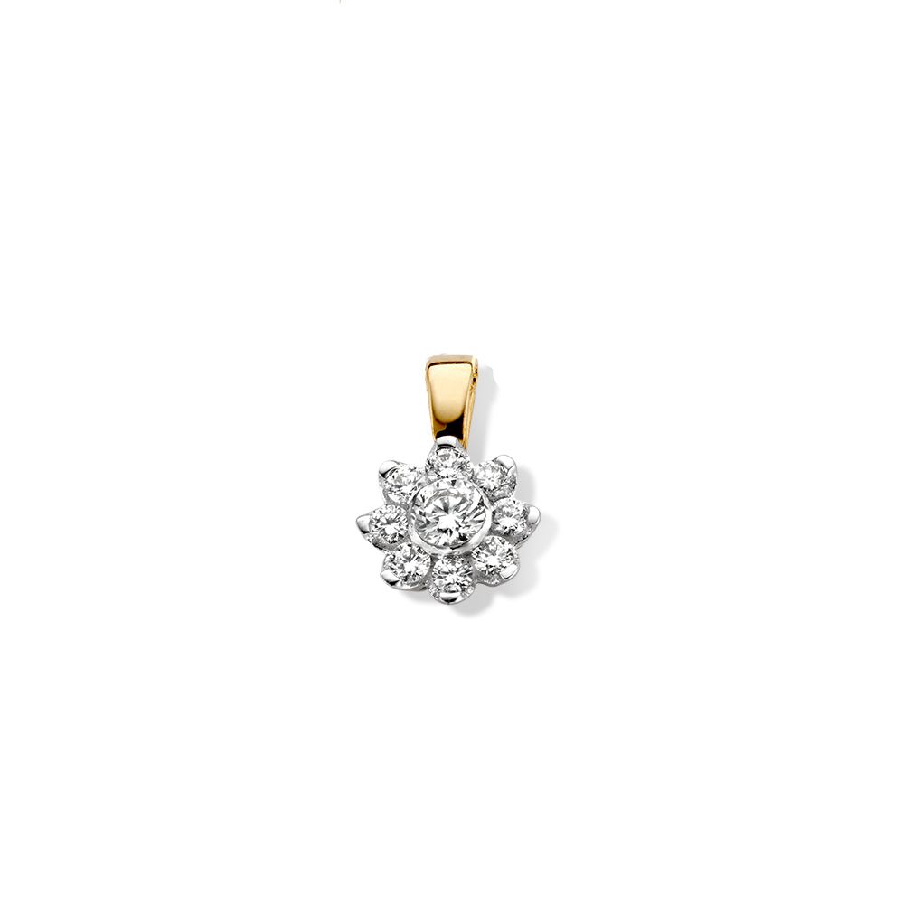 Geelgouden entourage met diamant.
