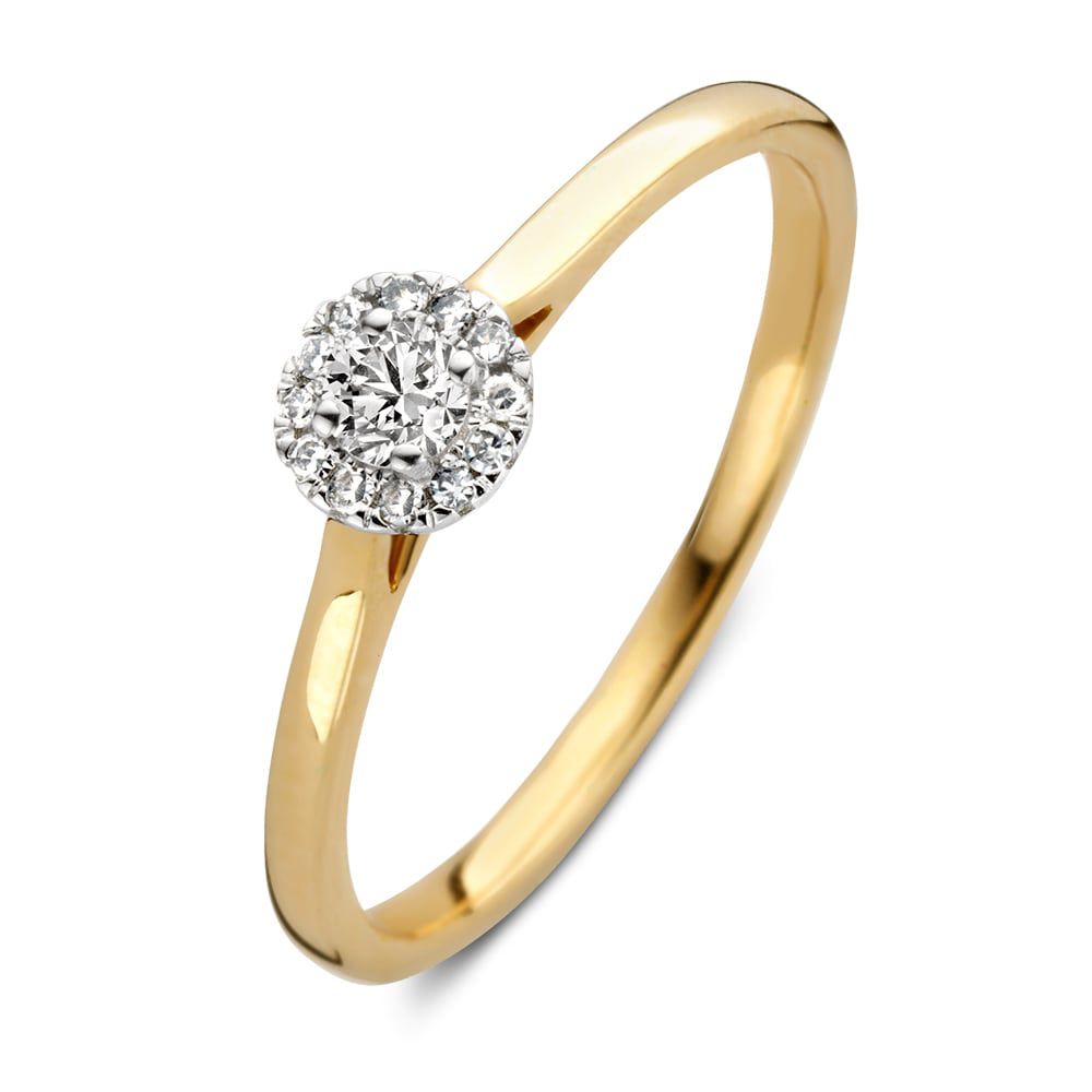 Bicolor ring met een briljant geslepen diamant in een entourage zetting met achtkant geslepen diamantjes.
