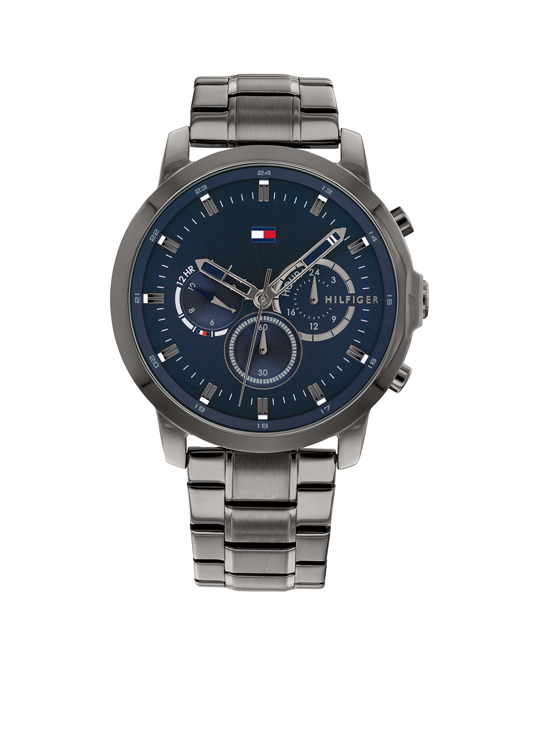 Tommy Hilfiger herenhorloge chronograaf TH1791796.
Grijs/gunmetal met blauwe wijzerplaat