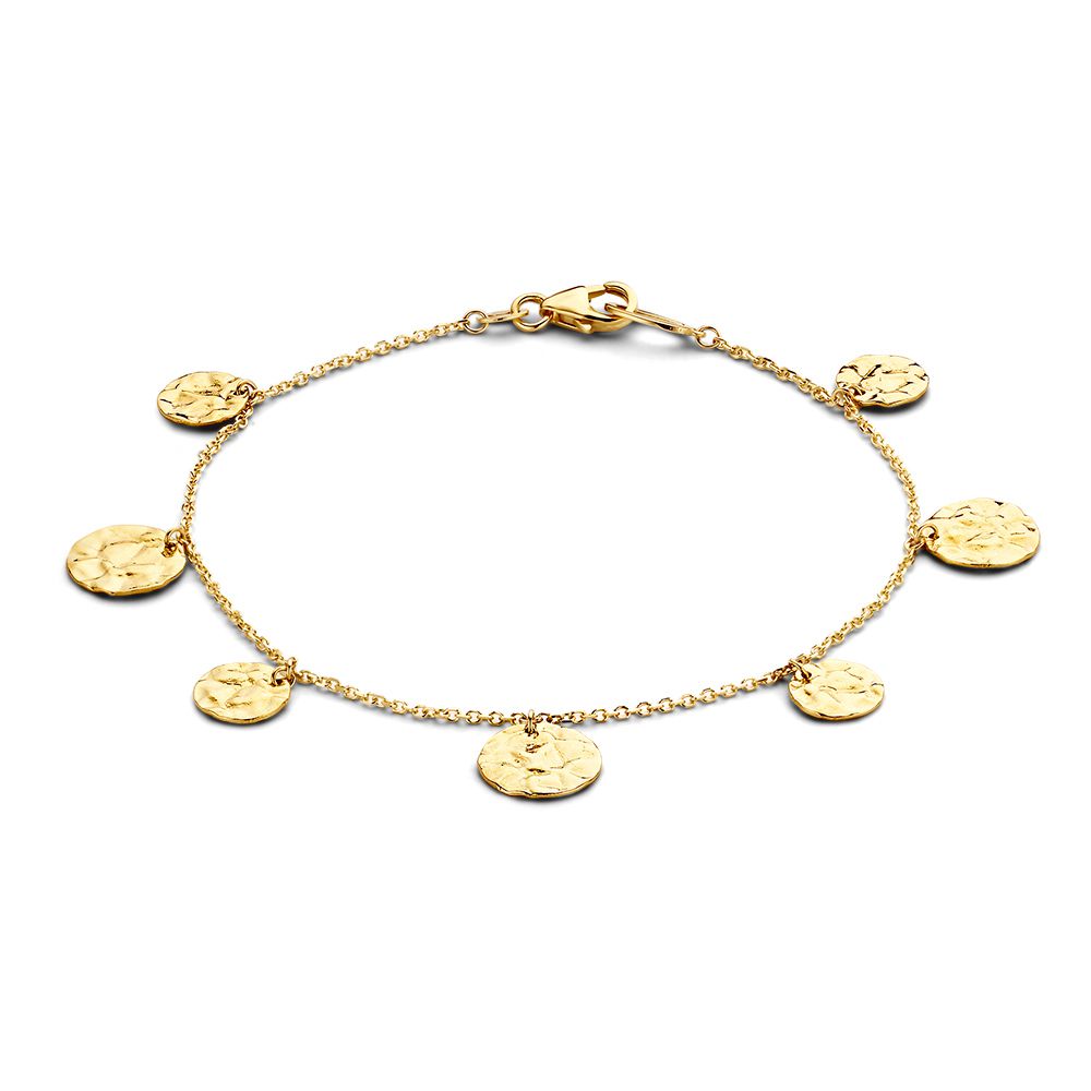Geelgouden armband met coins met gehamerde bewerking.
