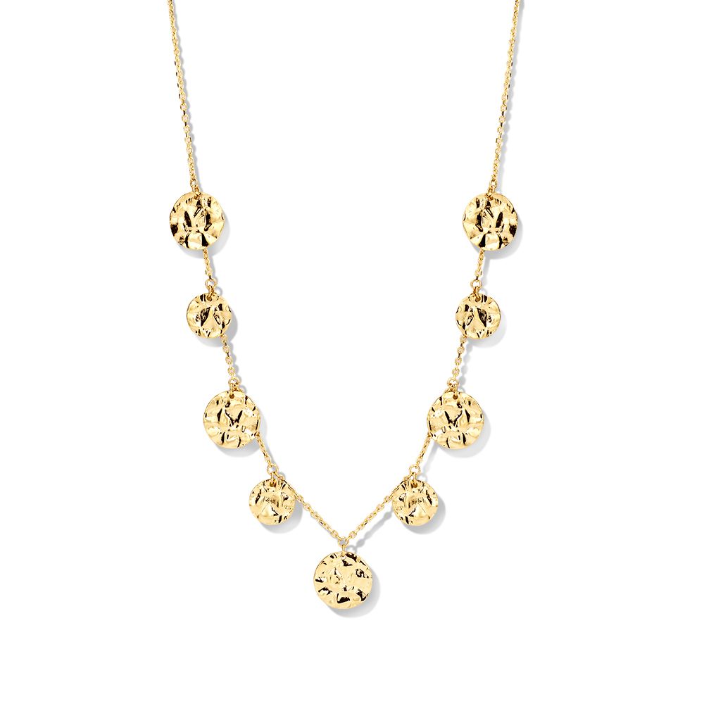 Geelgouden collier met coins met gehamerde bewerking.
