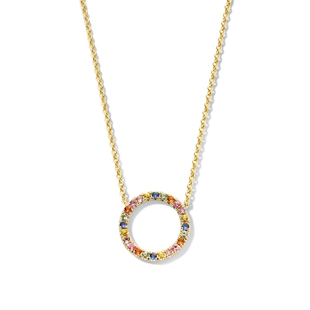 Geelgouden collier met regenboogsaffier in ronde hanger.
