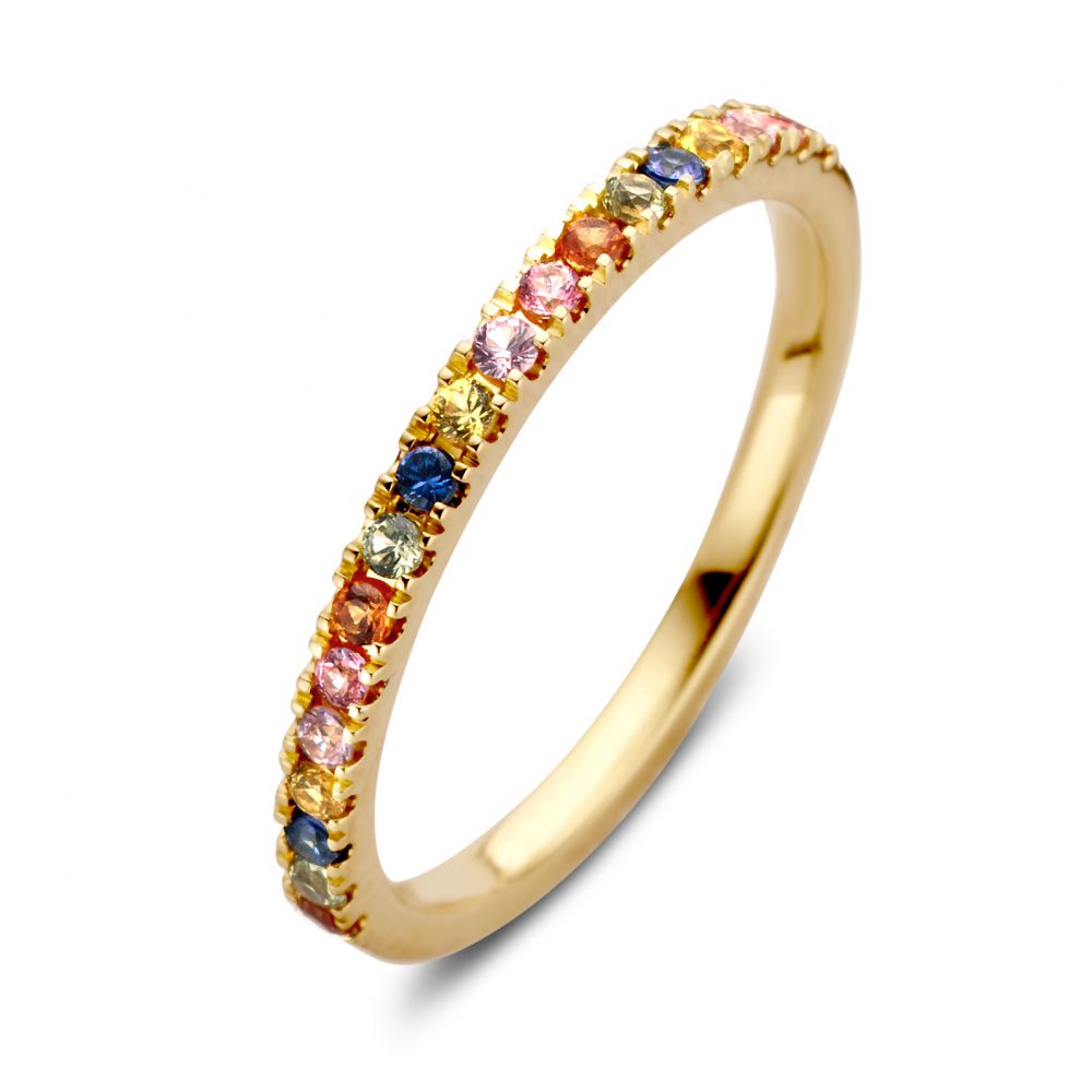Speelse ring met vrolijk regenboog saffier. Mooi om los te dragen, maar ook de perfecte toevoeging aan jouw kleurrijke ring stack.
