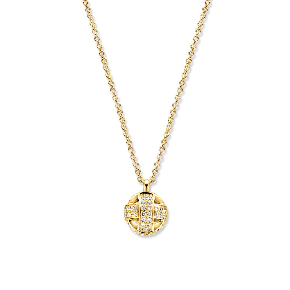Geelgouden collier met liefdesknoop gezet met diamant.
