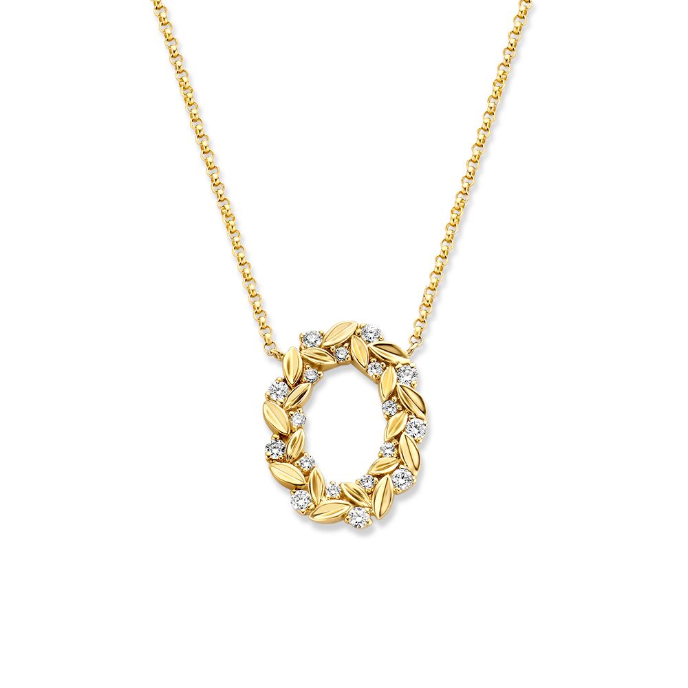Geelgouden collier met hanger van goudenblaadjes en fijne diamanten.
