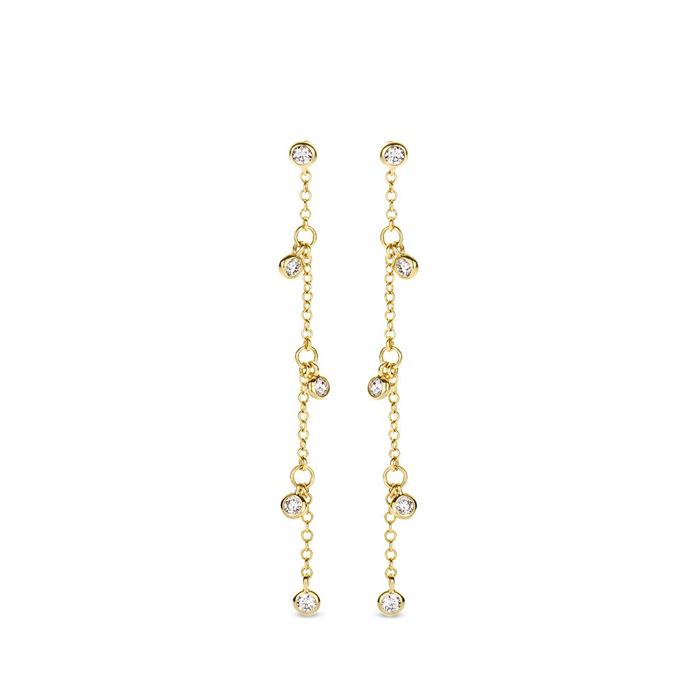 Gouden oorstekers met bungelende diamanten, een feest om te dragen!
