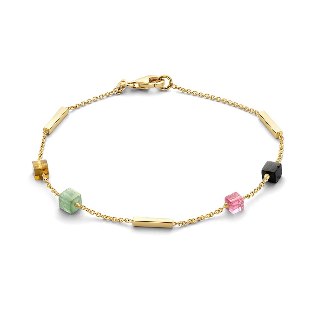 Geelgouden armband met toermalijnen blokjes in verschillende kleuren.
