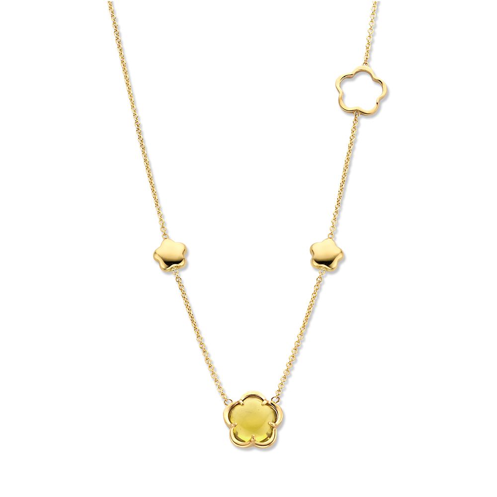 Geelgouden collier met edelstenen en gouden elementen in bloemvorm.
