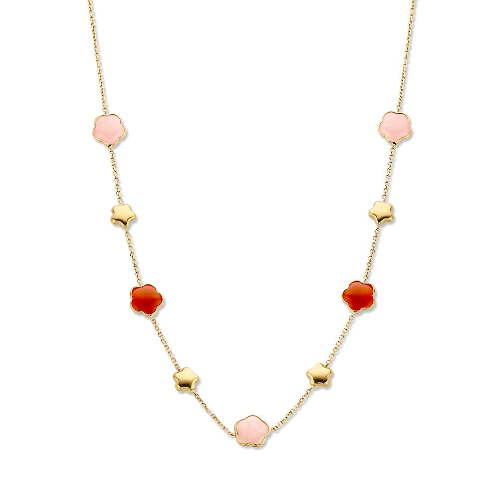 Geelgouden collier met edelstenen in bloemvorm.

