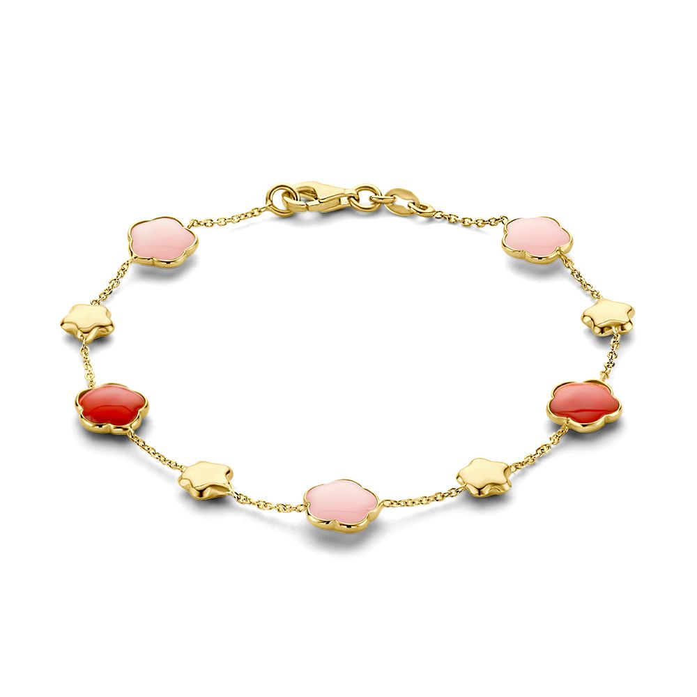 Geelgouden armband met rode (carneool) en roze (chalcedoon) bloemen. De armband is onderdeel van een set.
