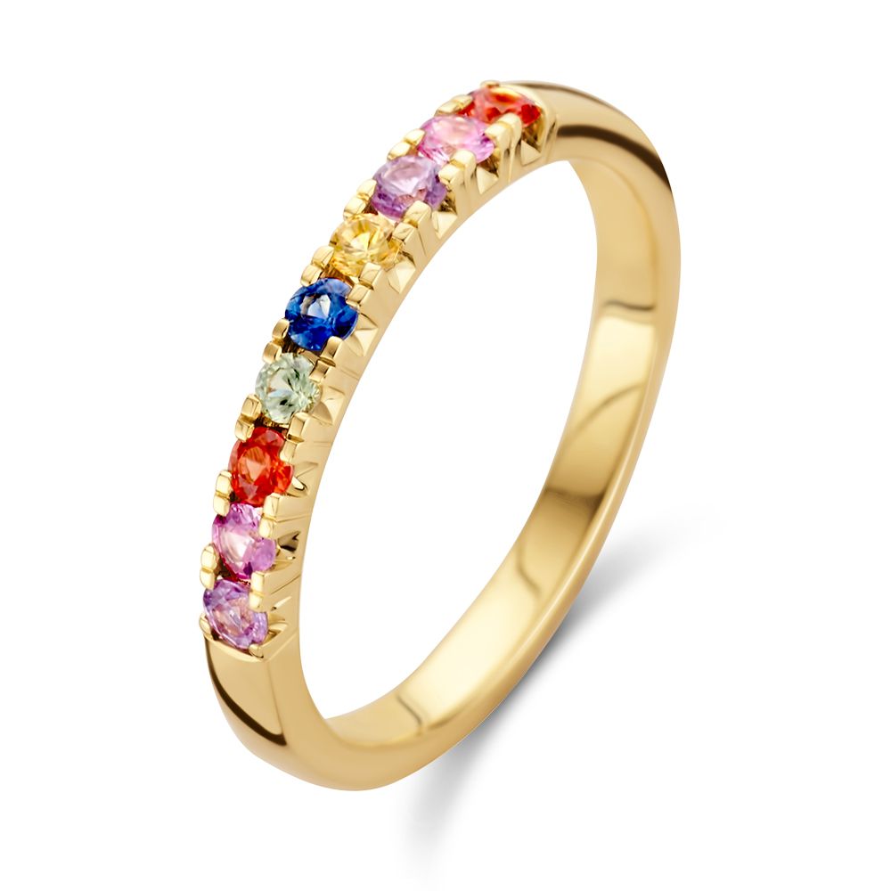 Geelgouden ring met kleurrijke regenboog saffier in strakke chatonzetting.
