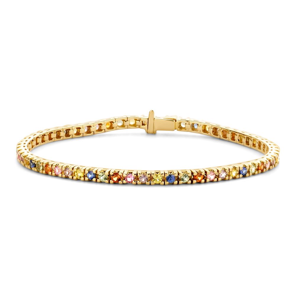 Geelgouden tennisarmband met regenboog saffier.
